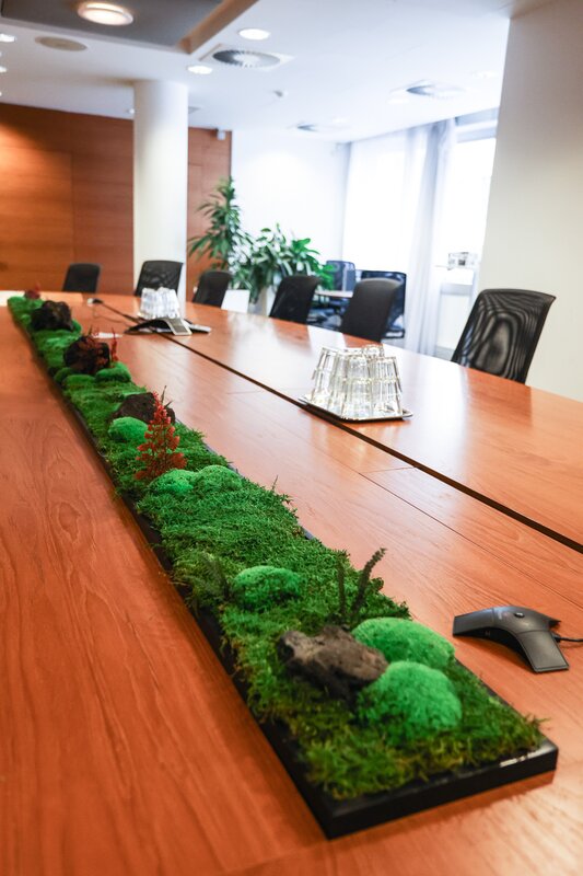 Mechový pruh zapuštěný v konferenčním stole - Netradiční použití stabilizovaného mechu a rostlin 