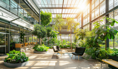 Zelené srdce budovy plné života