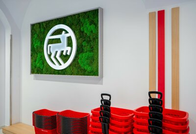 Mechový obraz s logem v nové prodejně Rossmann na Václavském náměstí