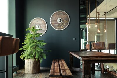 New Oddin.gg green offices in the style of Norse mythology